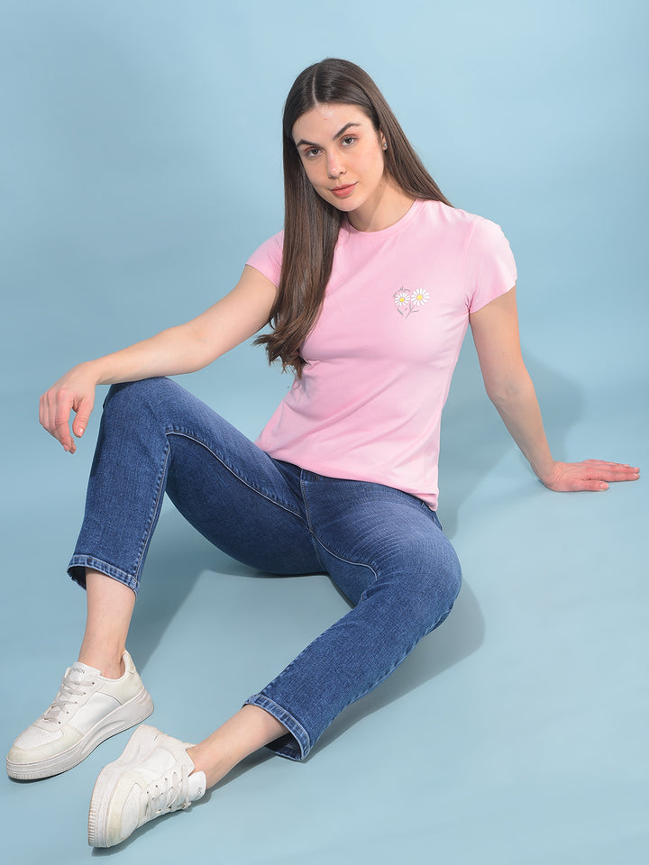 Pink Floral Print T-Shirt-Women T-Shirts-Crimsoune Club