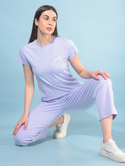 Purple Floral Print T-Shirt-Women T-Shirts-Crimsoune Club