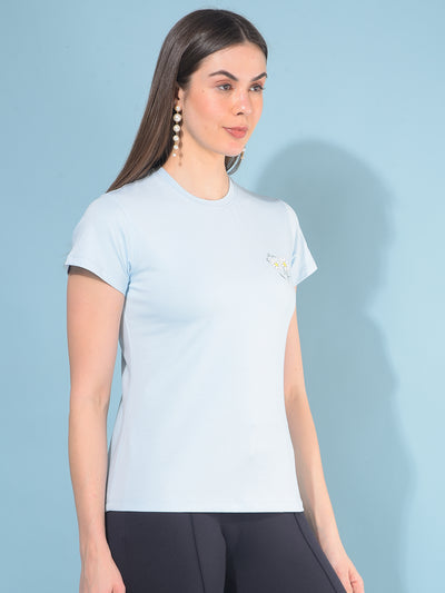 Blue Floral Print T-Shirt-Women T-Shirts-Crimsoune Club