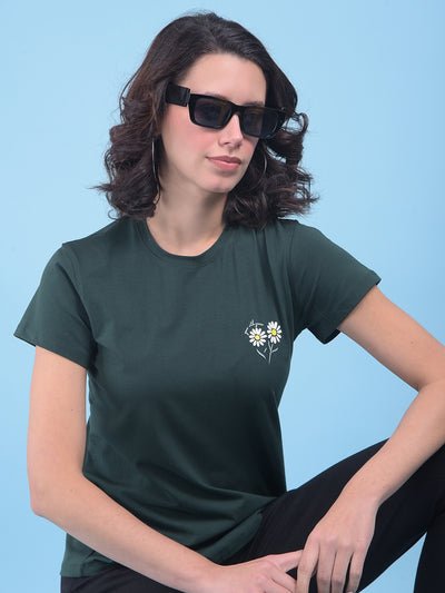 Green Floral Print Cotton T-Shirt-Women T-shirts-Crimsoune Club