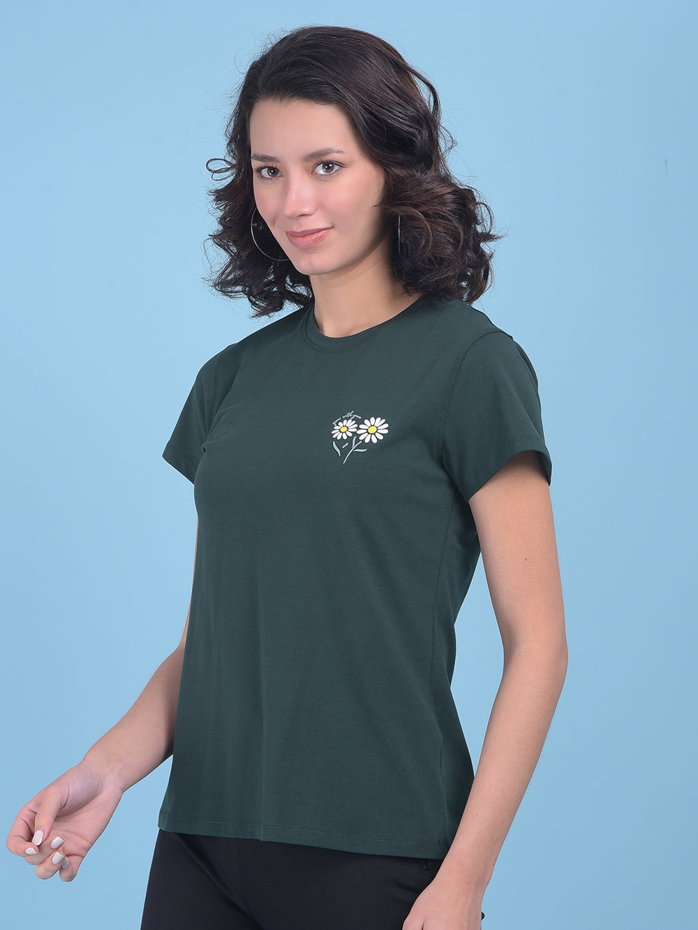 Green Floral Print Cotton T-Shirt-Women T-shirts-Crimsoune Club