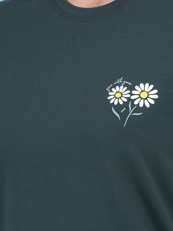 Green Floral Print Cotton T-Shirt-Women T-shirts-Crimsoune Club