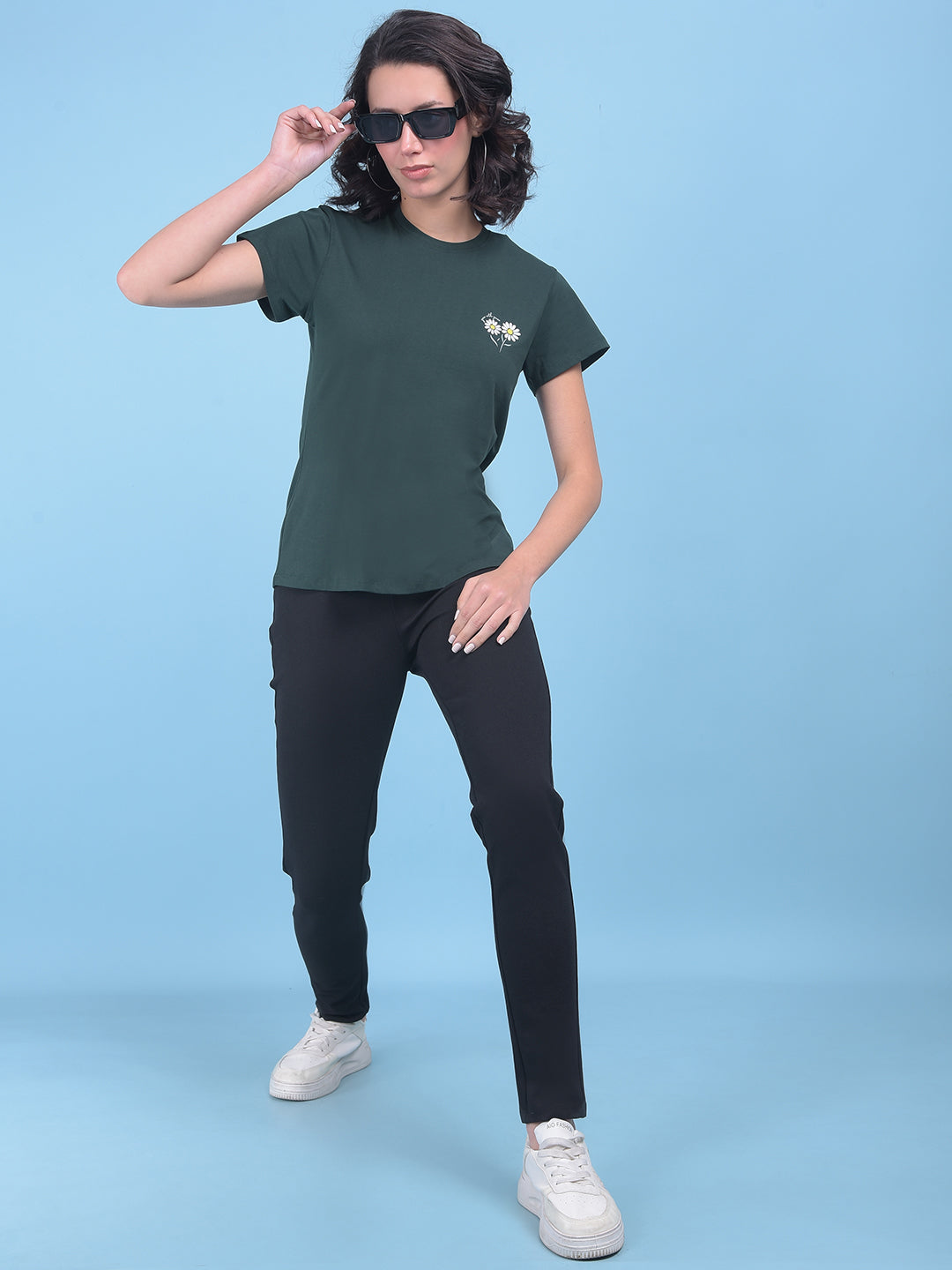 Green Floral Print Cotton T-Shirt-Women T-shirts-Crimsoune Club