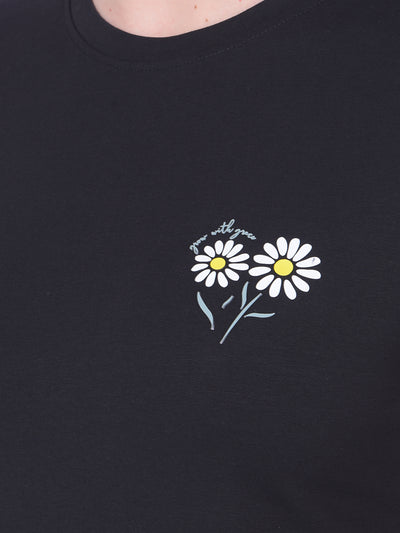 Black Floral T-Shirt-Women T-Shirts-Crimsoune Club