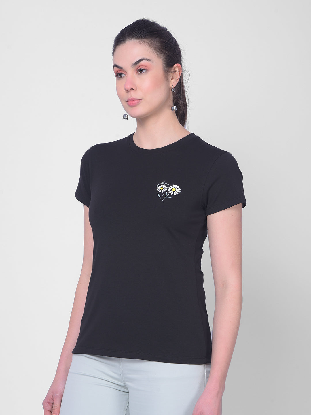 Black Floral T-Shirt-Women T-Shirts-Crimsoune Club