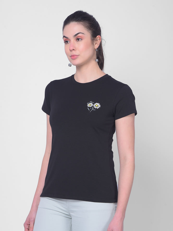 Black Floral T-Shirt-Women T-Shirts-Crimsoune Club
