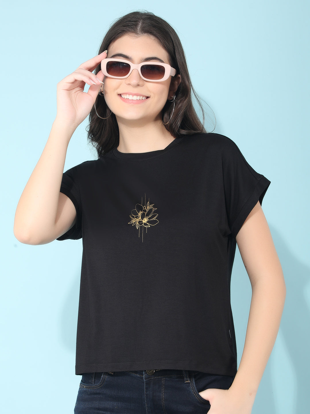 Black Graphic Printed T-Shirt-Women T-shirts-Crimsoune Club