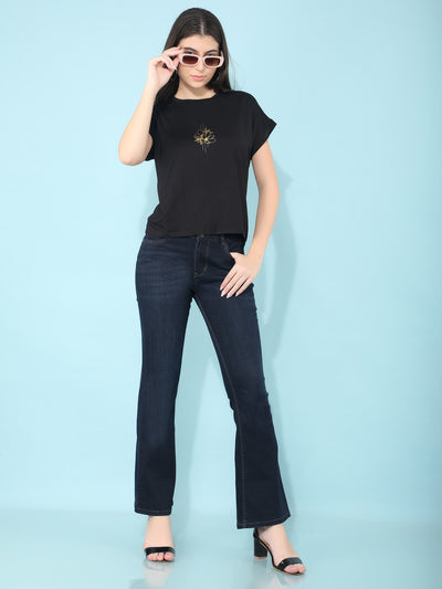 Black Graphic Printed T-Shirt-Women T-shirts-Crimsoune Club