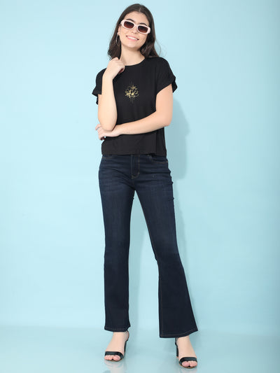 Black Graphic Printed T-Shirt-Women T-shirts-Crimsoune Club