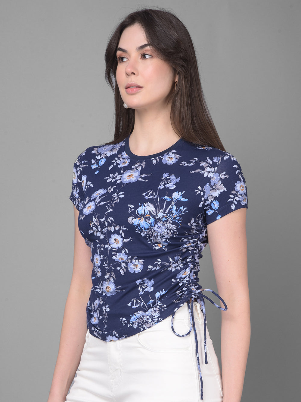 Navy Blue Floral T-Shirt-Women T-Shirts-Crimsoune Club