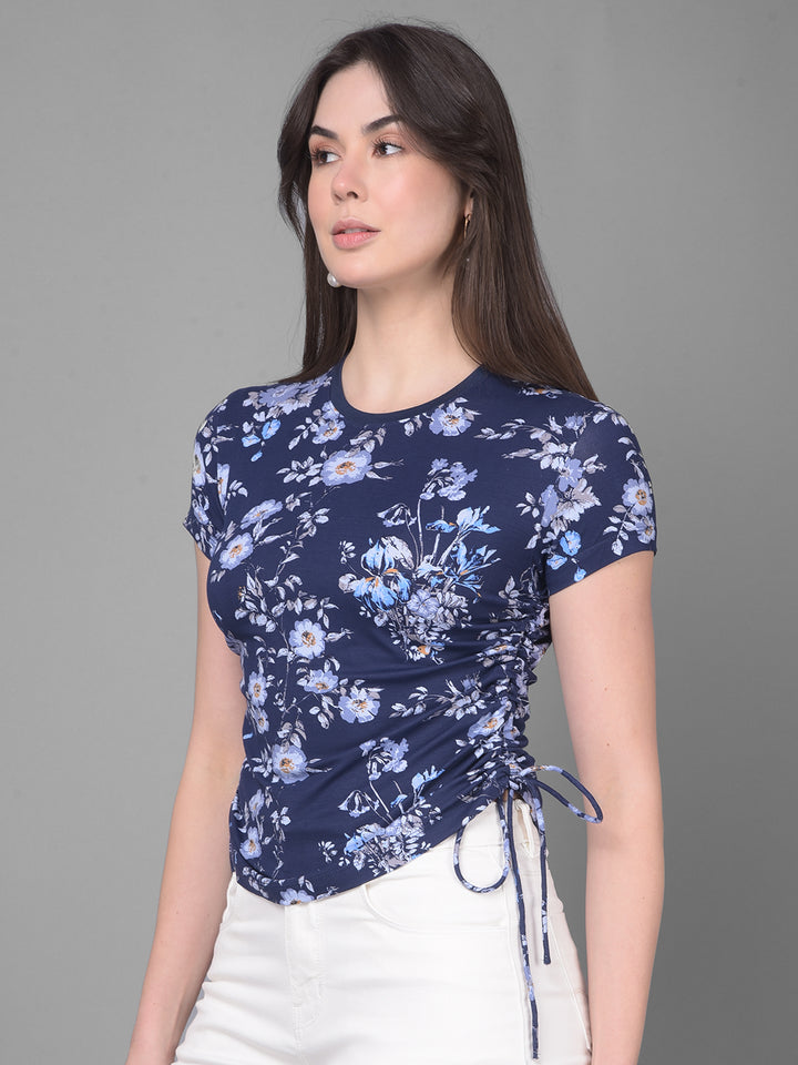 Navy Blue Floral T-Shirt-Women T-Shirts-Crimsoune Club