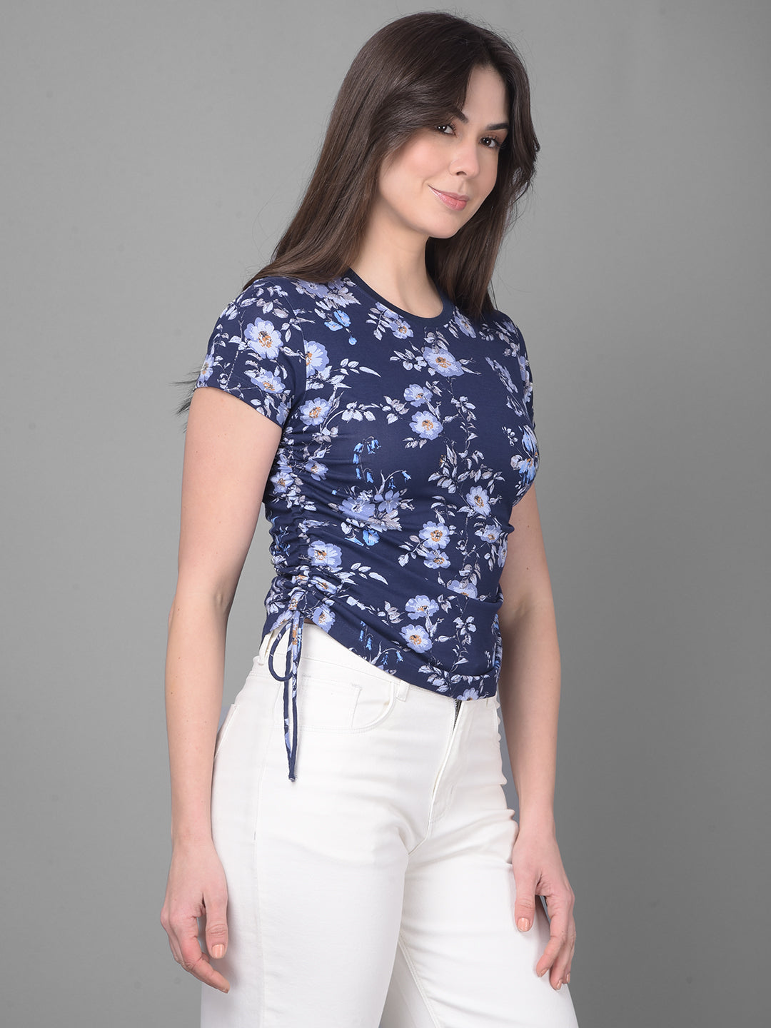 Navy Blue Floral T-Shirt-Women T-Shirts-Crimsoune Club