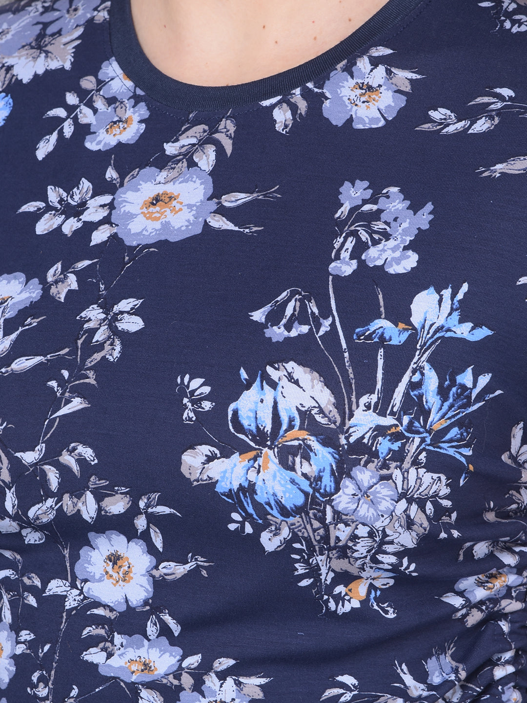 Navy Blue Floral T-Shirt-Women T-Shirts-Crimsoune Club