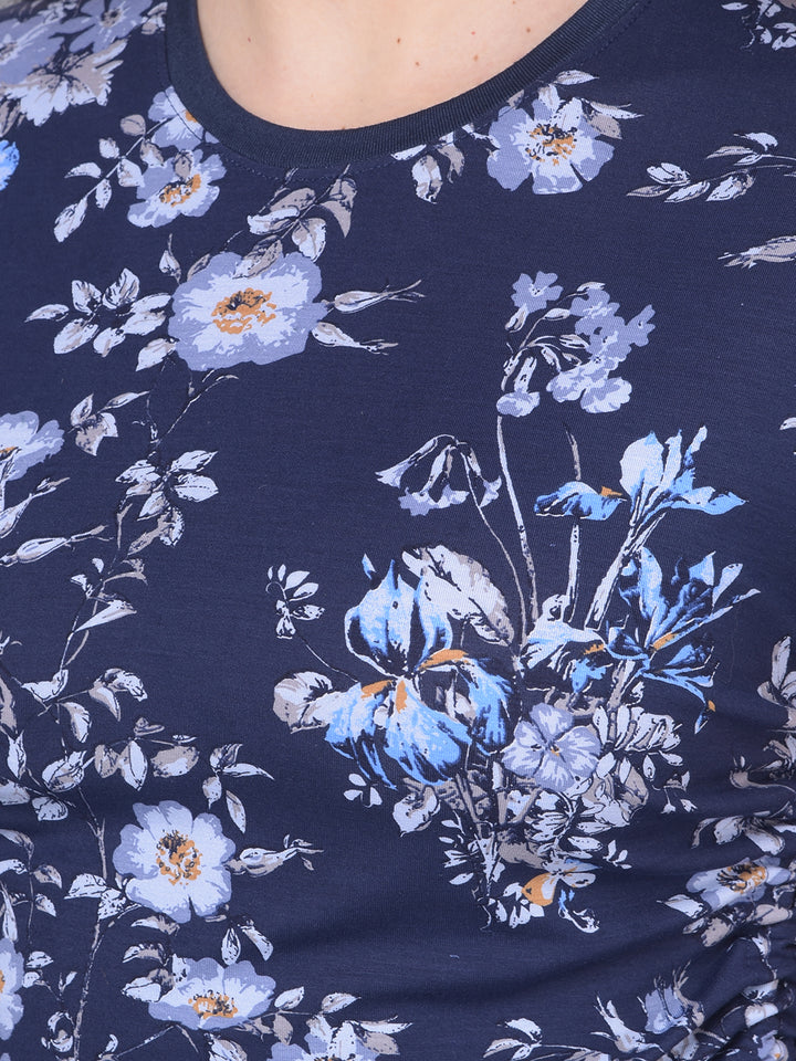 Navy Blue Floral T-Shirt-Women T-Shirts-Crimsoune Club