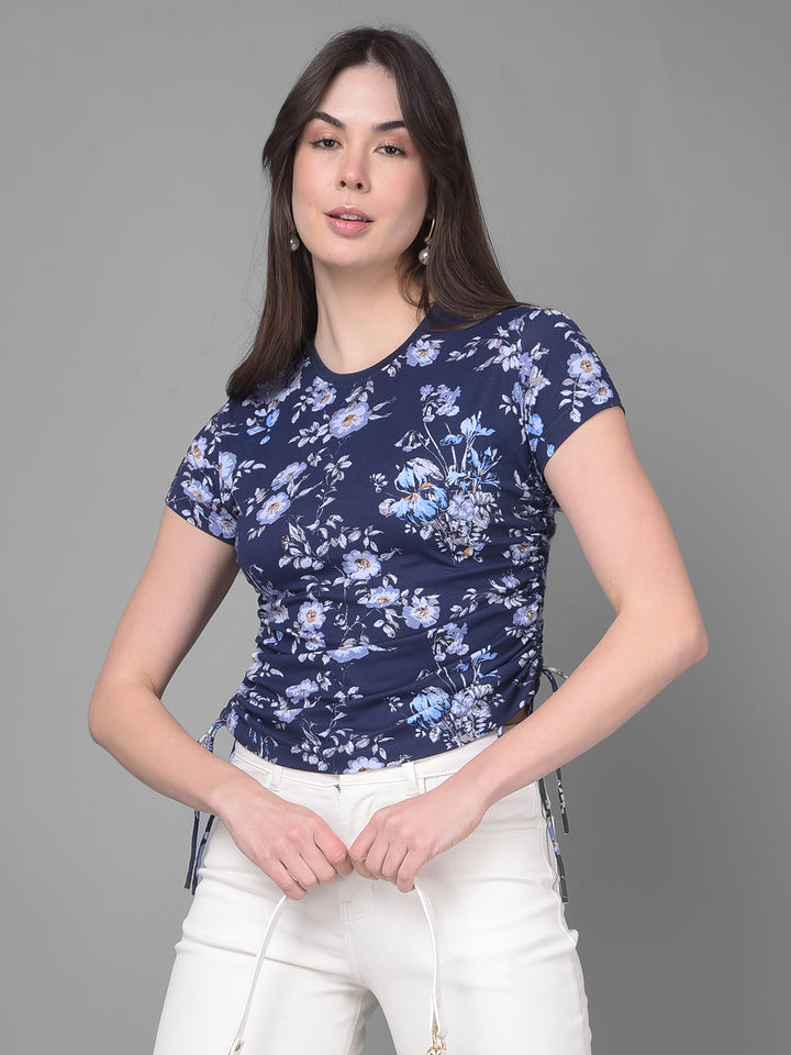 Navy Blue Floral T-Shirt-Women T-Shirts-Crimsoune Club