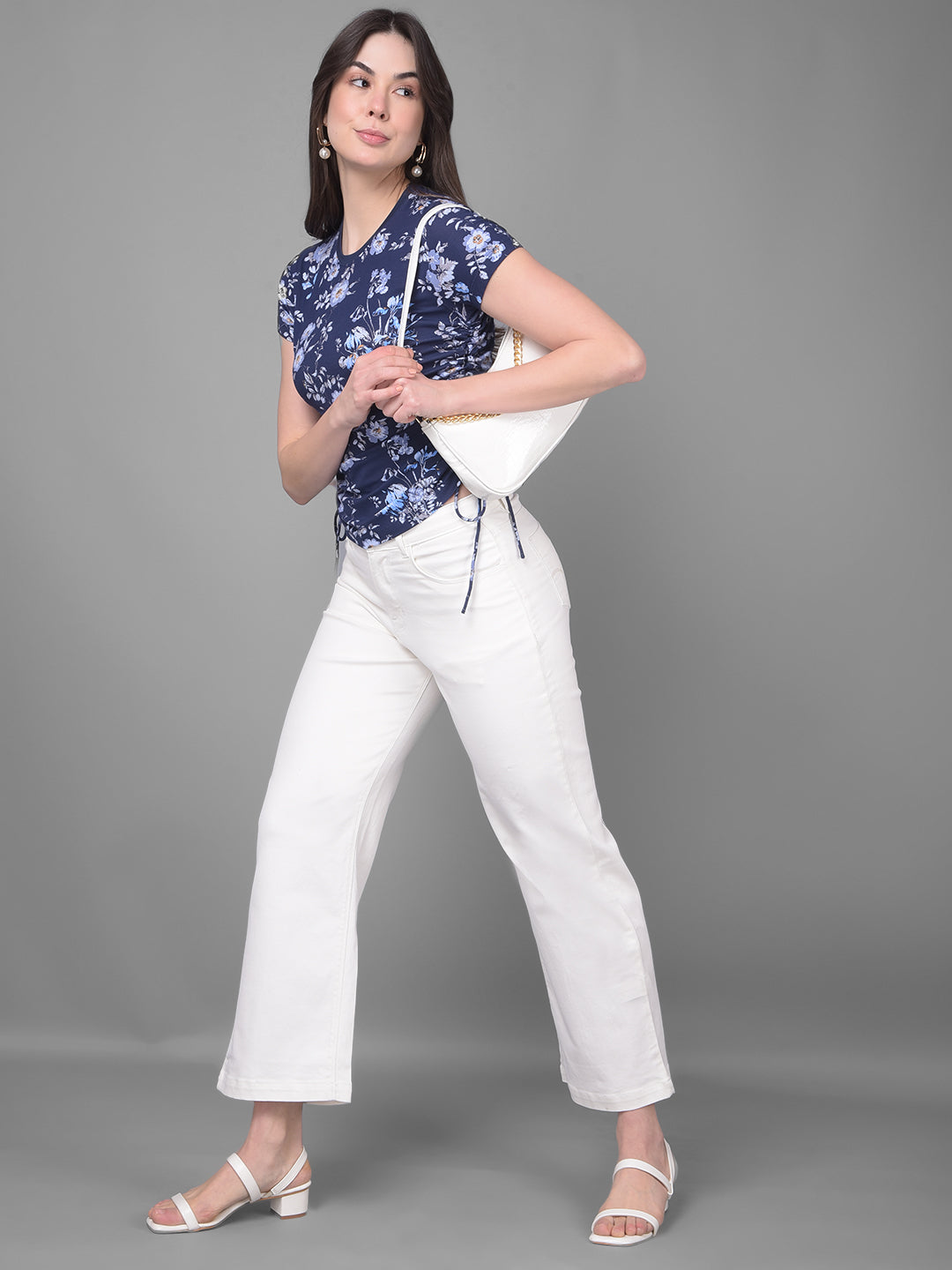 Navy Blue Floral T-Shirt-Women T-Shirts-Crimsoune Club