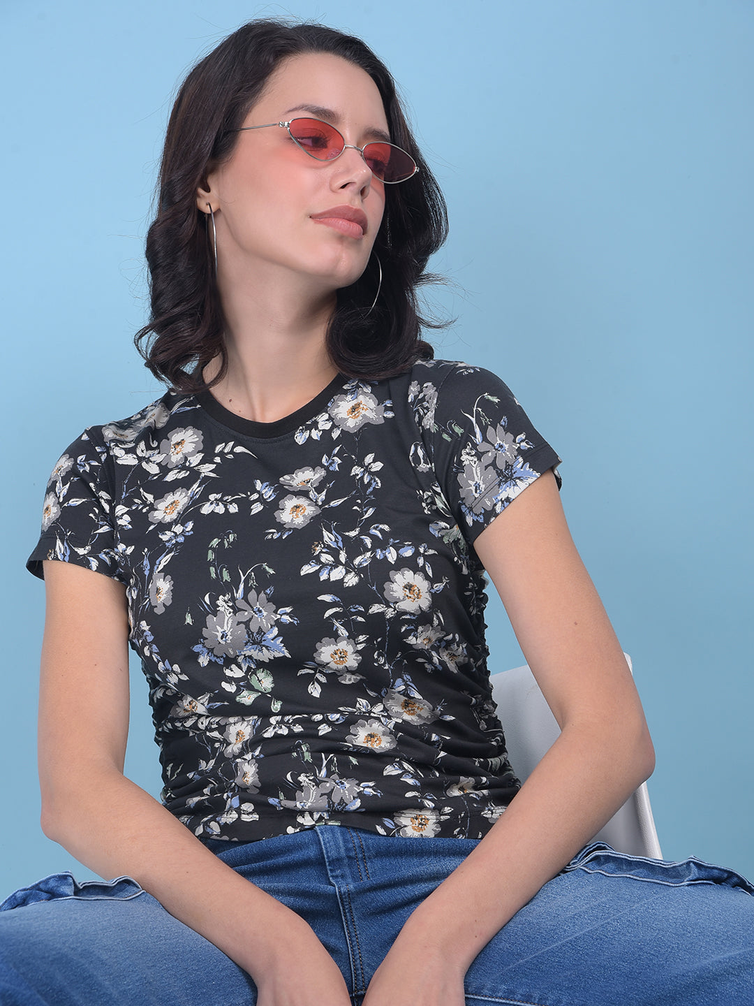 Grey Floral Print Cotton T-Shirt-Women T-shirts-Crimsoune Club