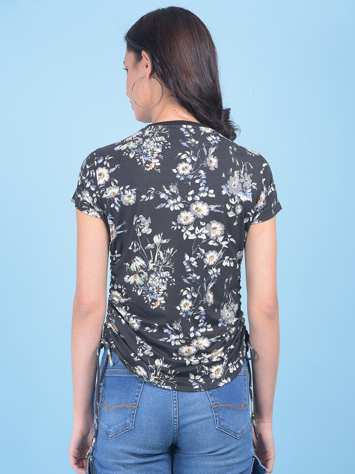 Grey Floral Print Cotton T-Shirt-Women T-shirts-Crimsoune Club