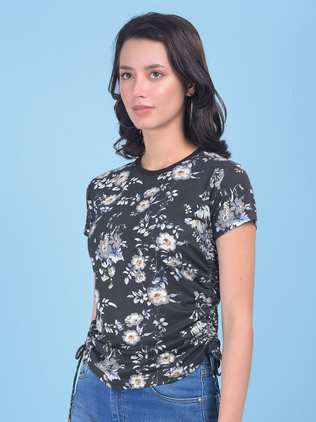 Grey Floral Print Cotton T-Shirt-Women T-shirts-Crimsoune Club