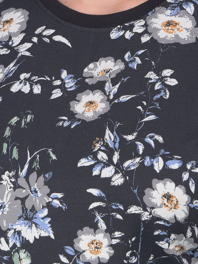 Grey Floral Print Cotton T-Shirt-Women T-shirts-Crimsoune Club