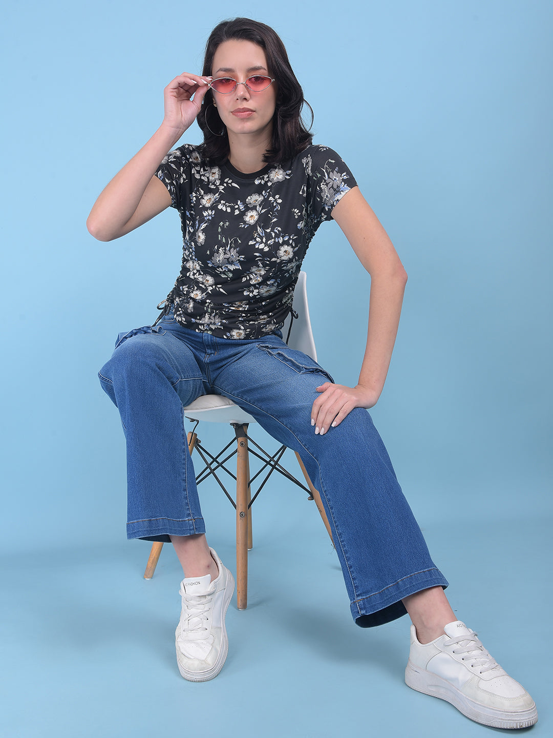 Grey Floral Print Cotton T-Shirt-Women T-shirts-Crimsoune Club