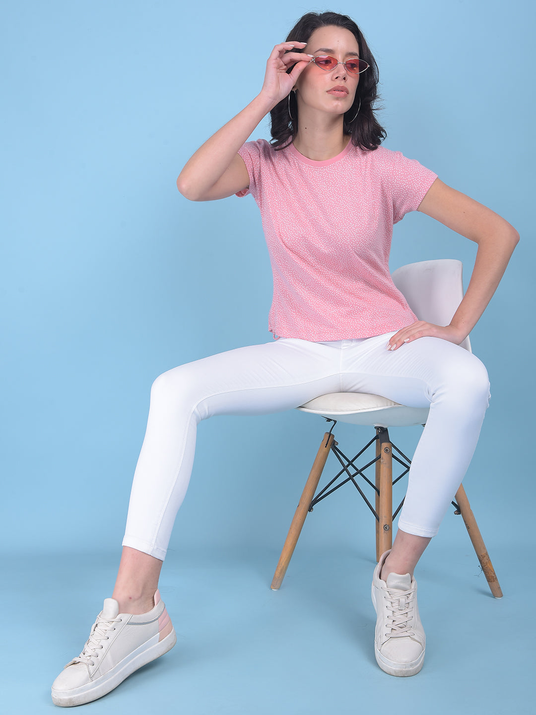 Pink Polka Dot Cotton T-Shirt-Women T-shirts-Crimsoune Club