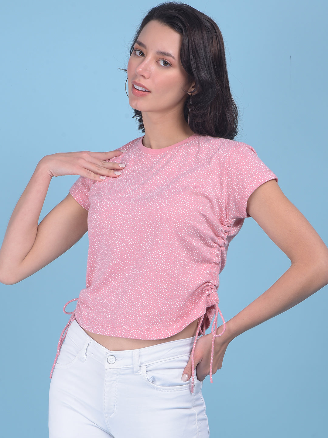 Pink Polka Dot Cotton T-Shirt-Women T-shirts-Crimsoune Club
