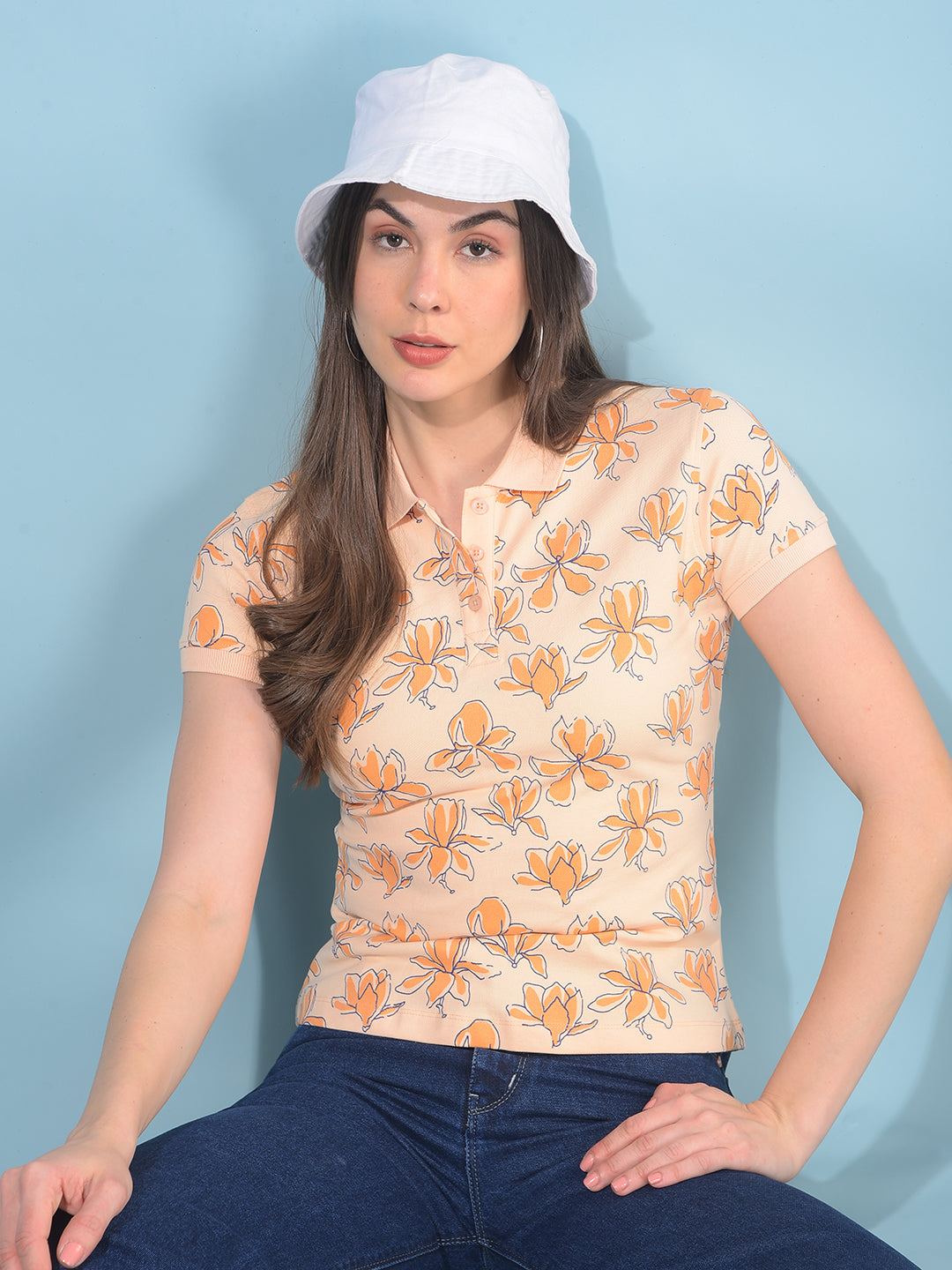 Peach Floral Print 100% Cotton T-Shirt-Women T-Shirts-Crimsoune Club