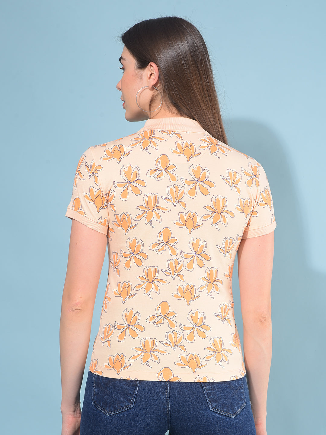 Peach Floral Print 100% Cotton T-Shirt-Women T-Shirts-Crimsoune Club