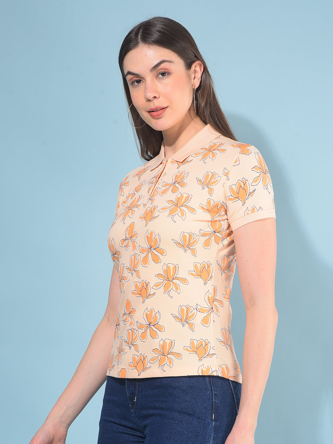 Peach Floral Print 100% Cotton T-Shirt-Women T-Shirts-Crimsoune Club