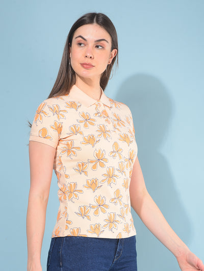 Peach Floral Print 100% Cotton T-Shirt-Women T-Shirts-Crimsoune Club