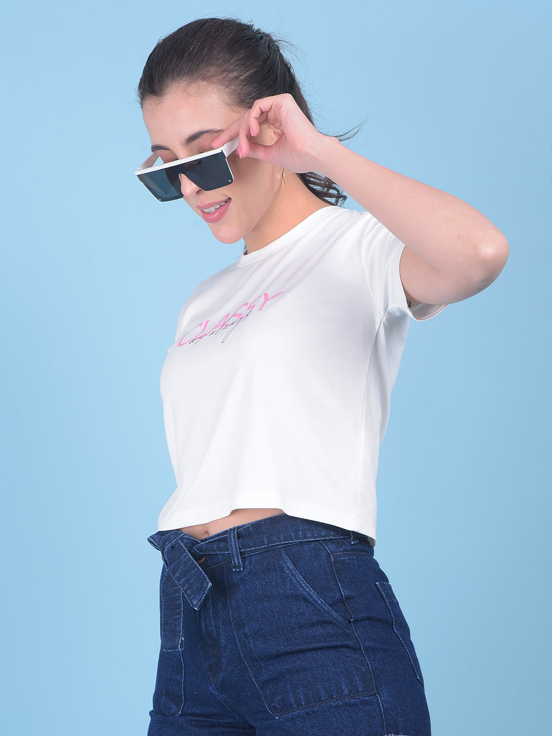 White Typographic Print Crop T-Shirt-Women T-shirts-Crimsoune Club