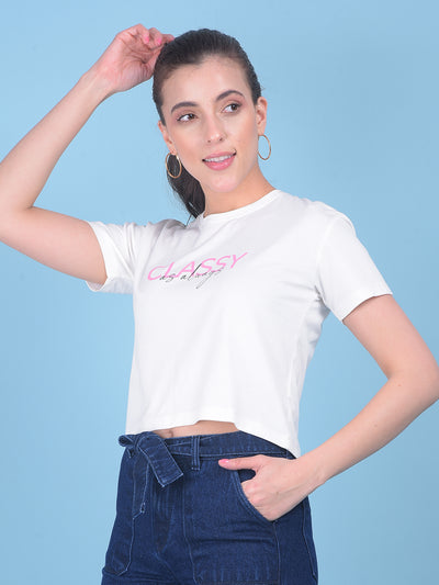 White Typographic Print Crop T-Shirt-Women T-shirts-Crimsoune Club