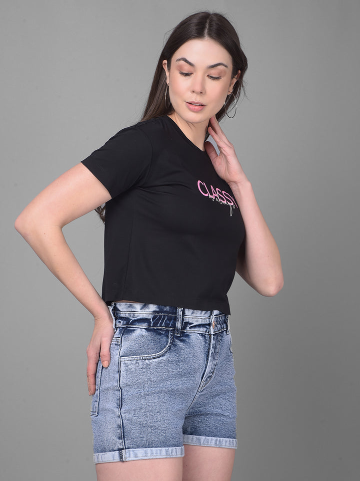 Black Printed T-Shirt-Women T-Shirts-Crimsoune Club