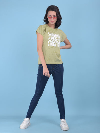 Green Typographic Print Cotton T-Shirt-Women T-shirts-Crimsoune Club