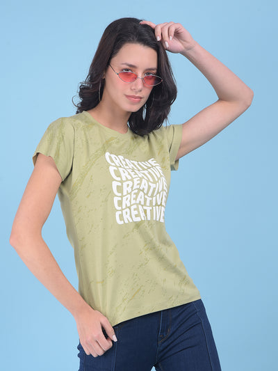 Green Typographic Print Cotton T-Shirt-Women T-shirts-Crimsoune Club
