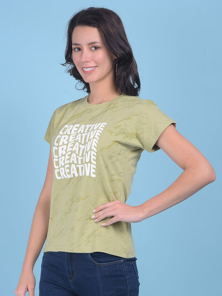 Green Typographic Print Cotton T-Shirt-Women T-shirts-Crimsoune Club