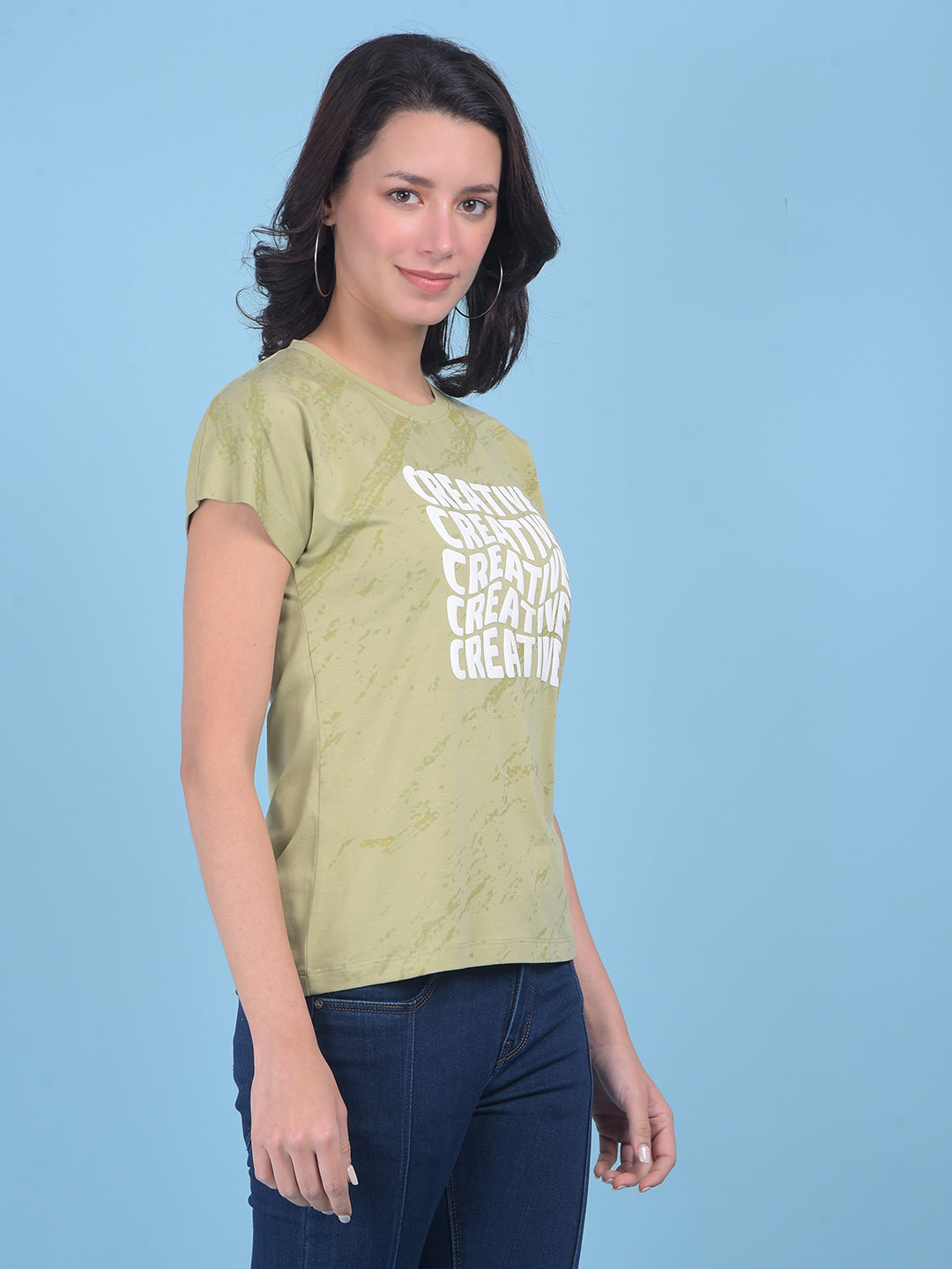 Green Typographic Print Cotton T-Shirt-Women T-shirts-Crimsoune Club