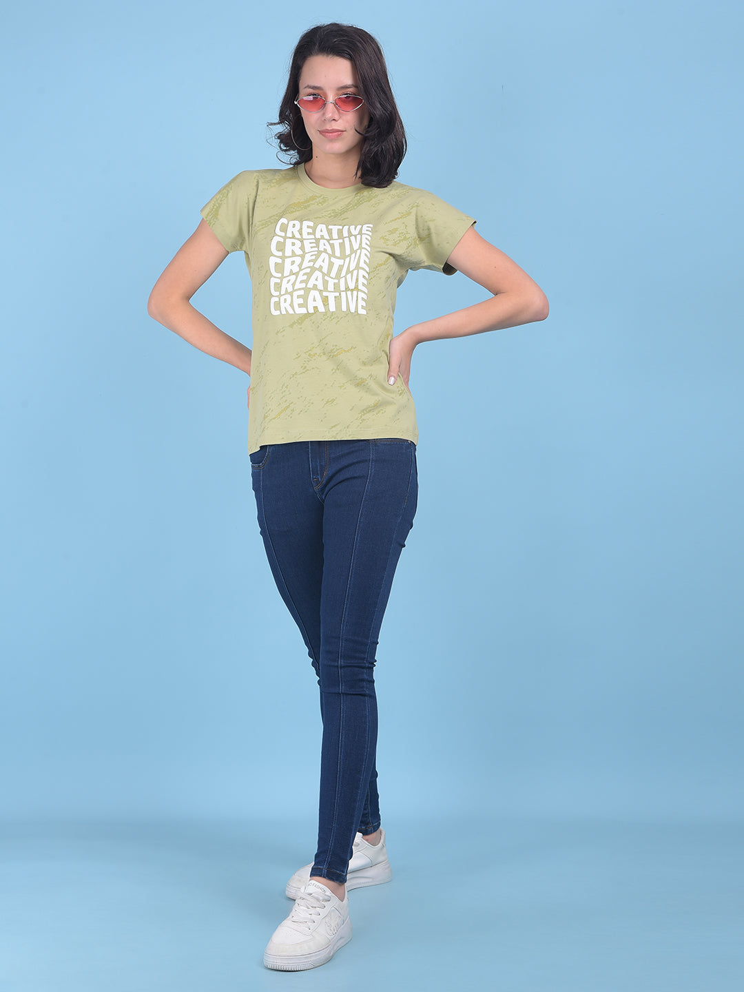 Green Typographic Print Cotton T-Shirt-Women T-shirts-Crimsoune Club