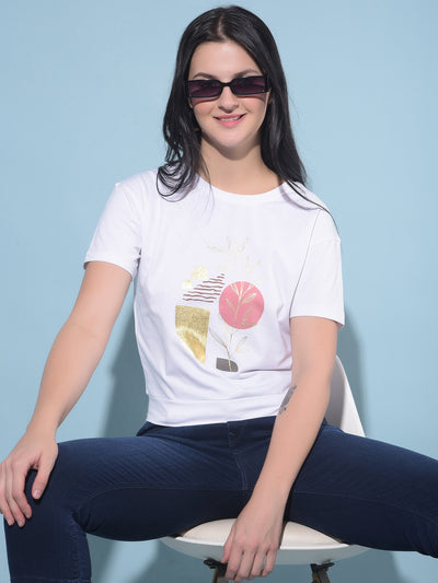 White Graphic Print Cotton T-Shirt-Women T-Shirts-Crimsoune Club
