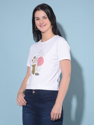 White Graphic Print Cotton T-Shirt-Women T-Shirts-Crimsoune Club