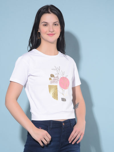 White Graphic Print Cotton T-Shirt-Women T-Shirts-Crimsoune Club