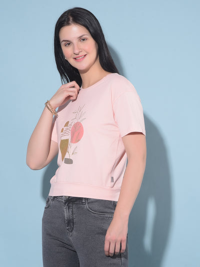 Peach Graphic Print Cotton T-Shirt-Women T-Shirts-Crimsoune Club