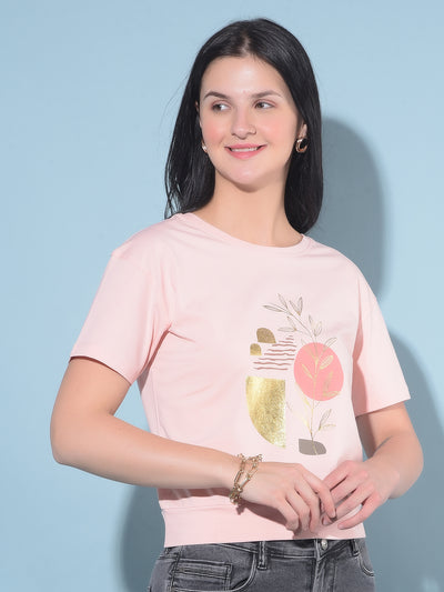 Peach Graphic Print Cotton T-Shirt-Women T-Shirts-Crimsoune Club