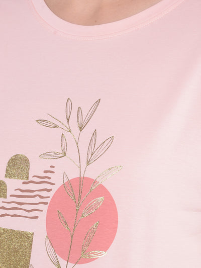 Peach Graphic Print Cotton T-Shirt-Women T-Shirts-Crimsoune Club