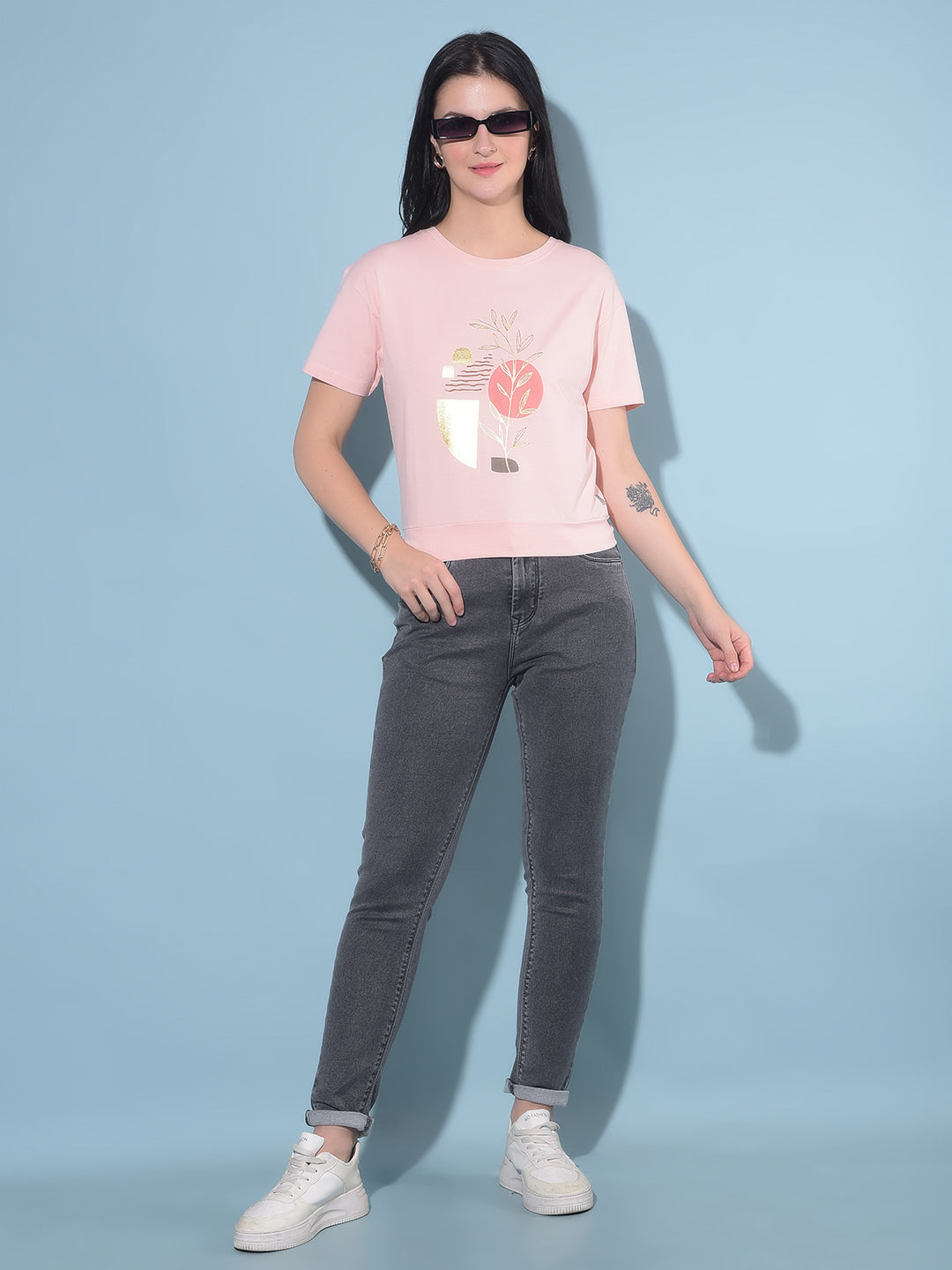 Peach Graphic Print Cotton T-Shirt-Women T-Shirts-Crimsoune Club