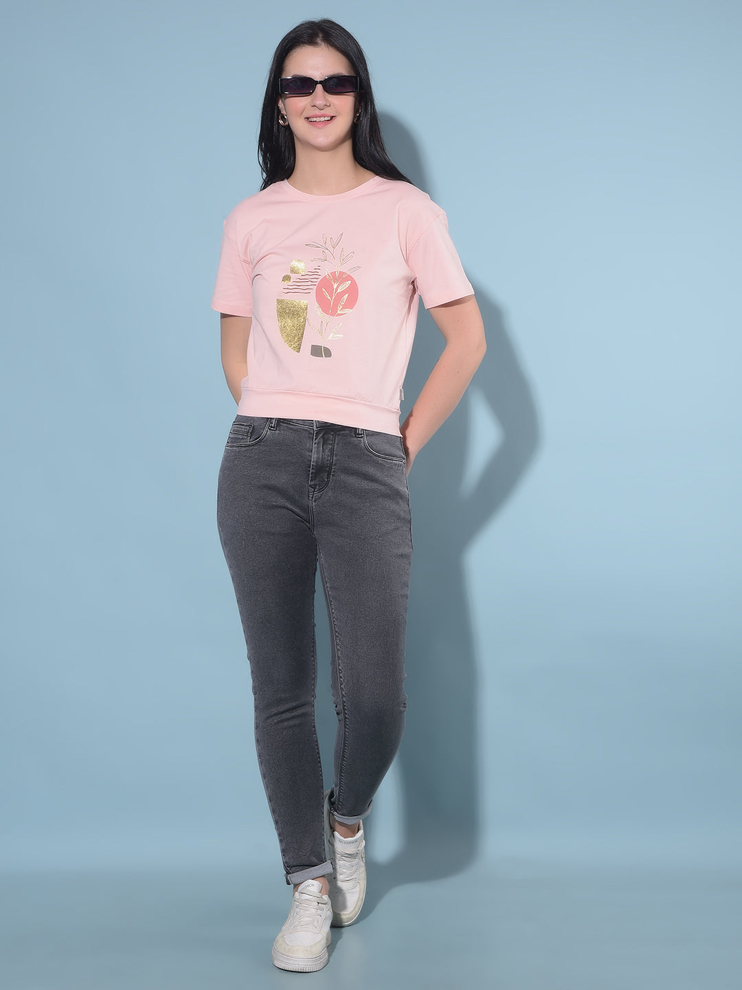 Peach Graphic Print Cotton T-Shirt-Women T-Shirts-Crimsoune Club