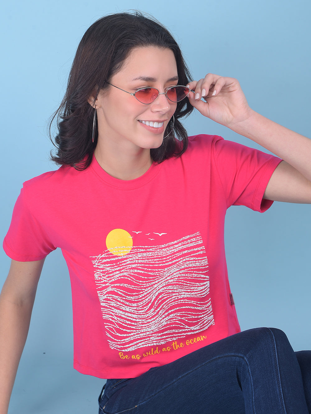 Pink Graphic Print Crop T-Shirt-Women T-shirts-Crimsoune Club
