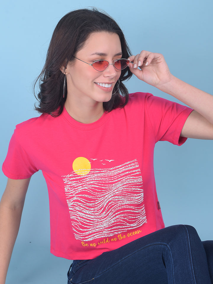 Pink Graphic Print Crop T-Shirt-Women T-shirts-Crimsoune Club