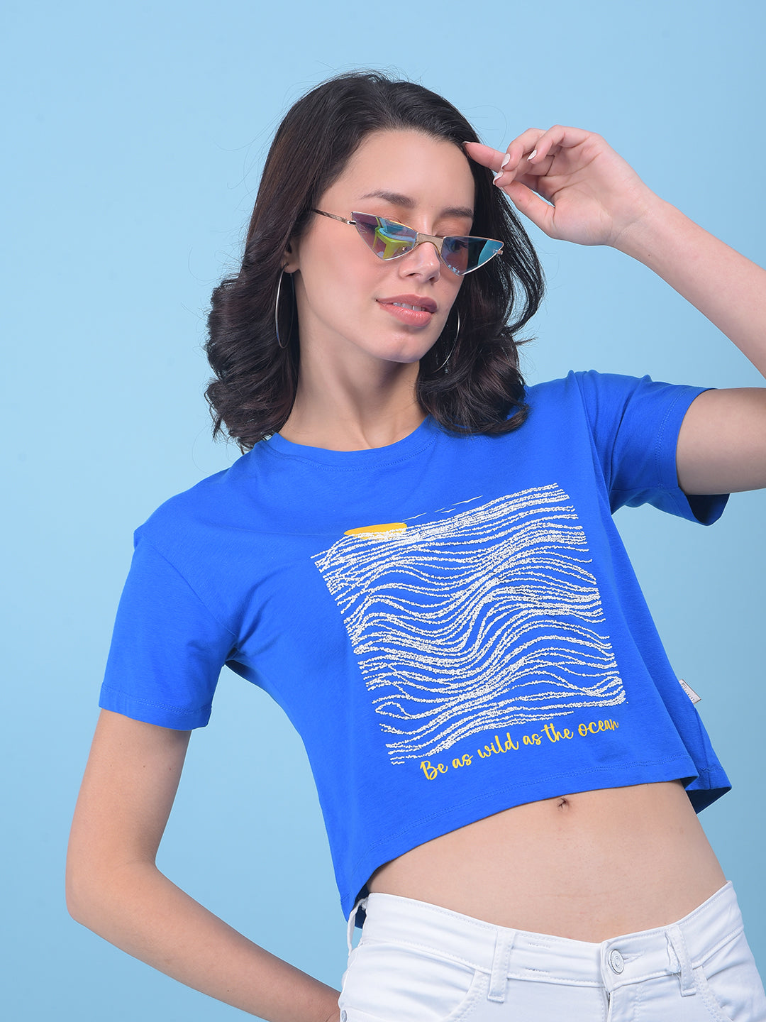 Navy Blue Graphic Print Crop T-Shirt-Women T-shirts-Crimsoune Club